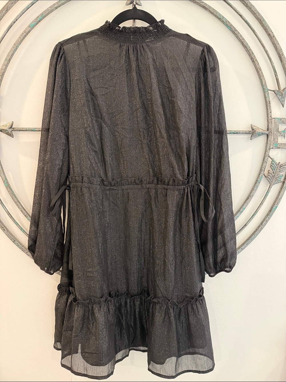 LOFT Black Sheer Long-Sleeve Ruffle Dress